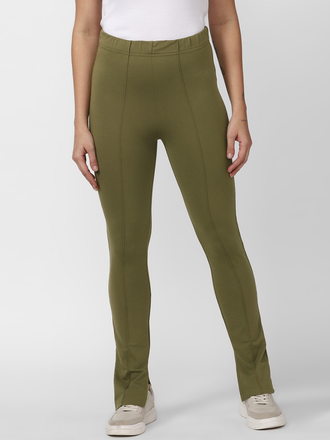 

FOREVER 21 Women Olive Green Solid High-Rise Trousers