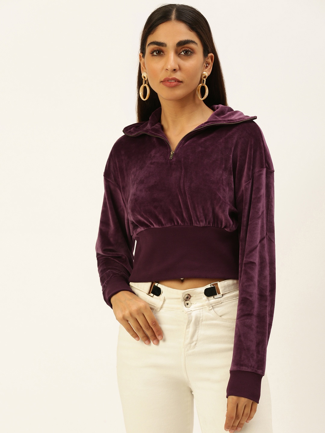 

FOREVER 21 Burgundy Solid Shirt Collar Extended Sleeves Velvet Pure Cotton Crop Top