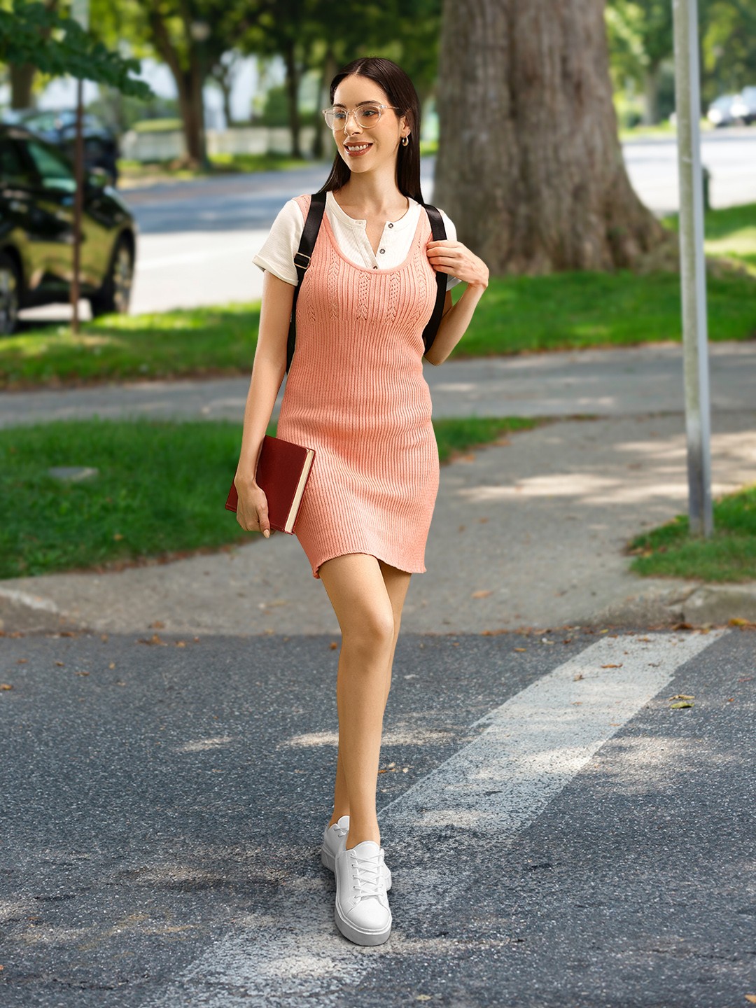 

FOREVER 21 Self Design Round Neck Knits Pure Cotton Sheath Mini Dress, Peach