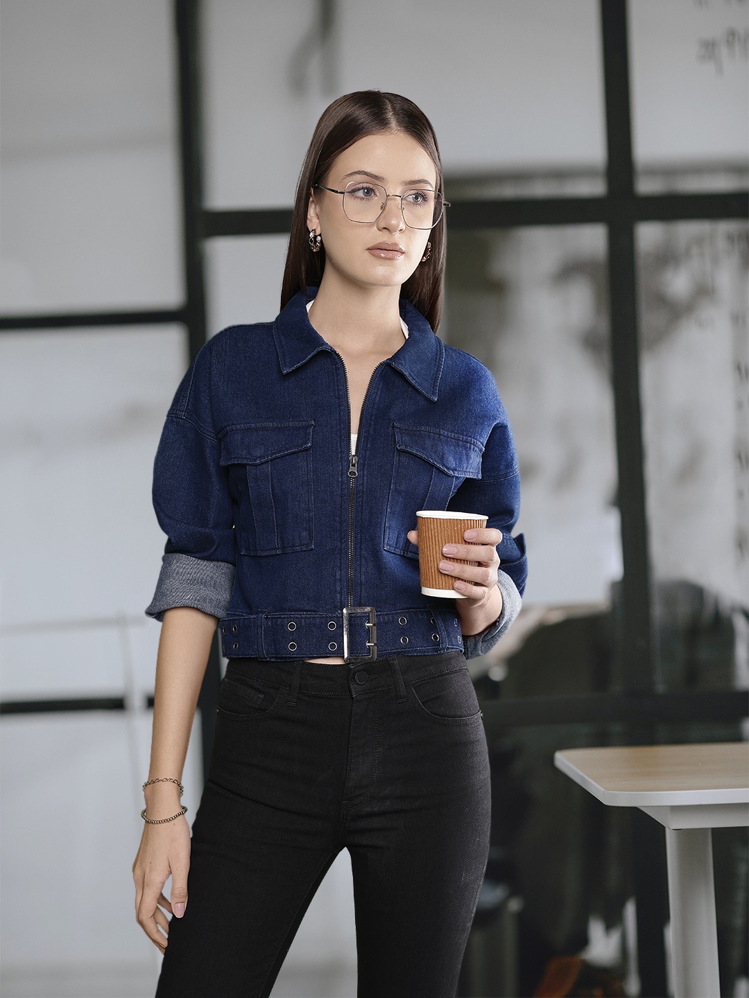 

FOREVER 21 Women Blue Solid Crop Denim Jacket with Belt