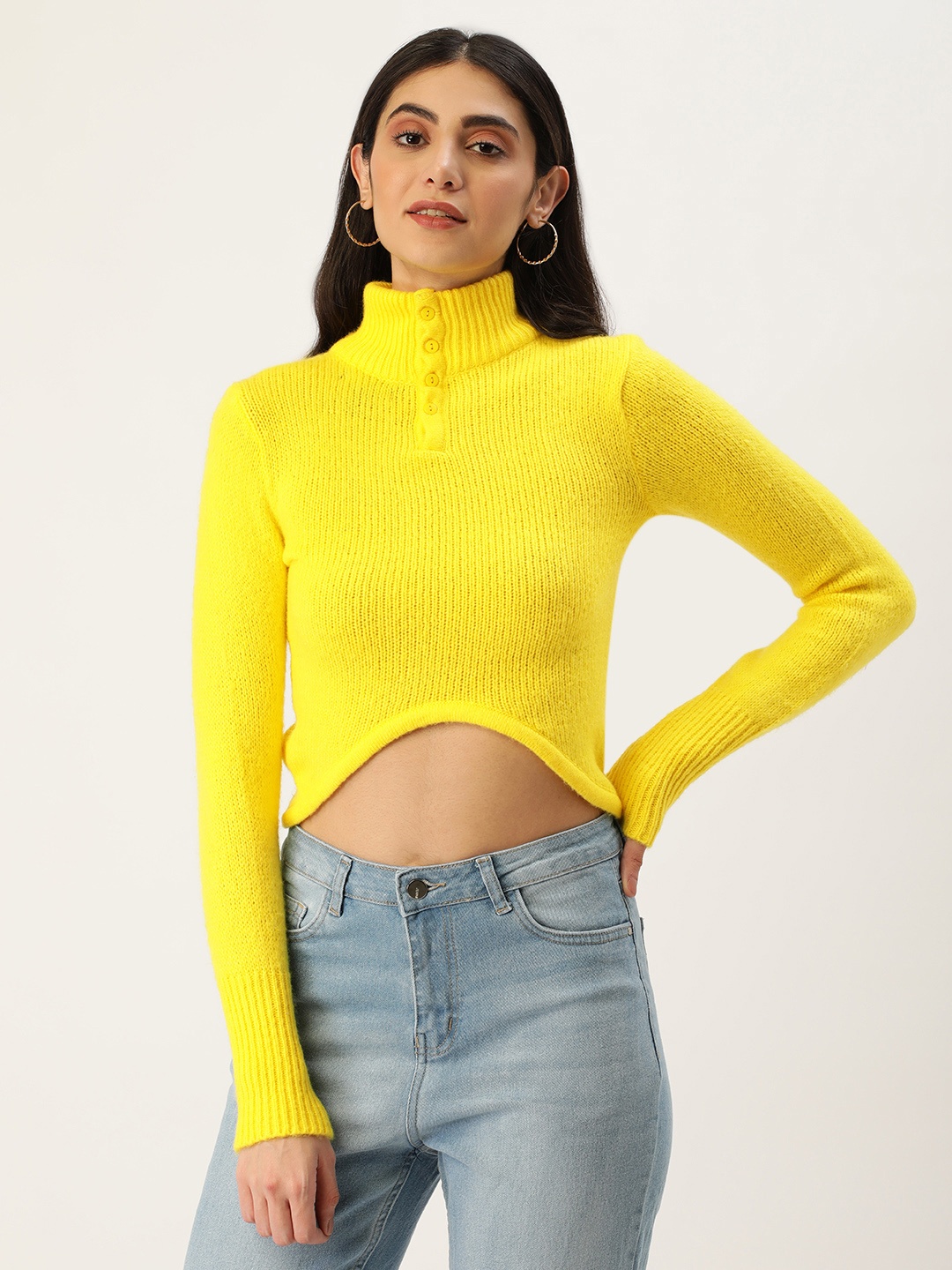 

FOREVER 21 Women Yellow Self-Design Turtle-Neck Crop Pullover Sweater