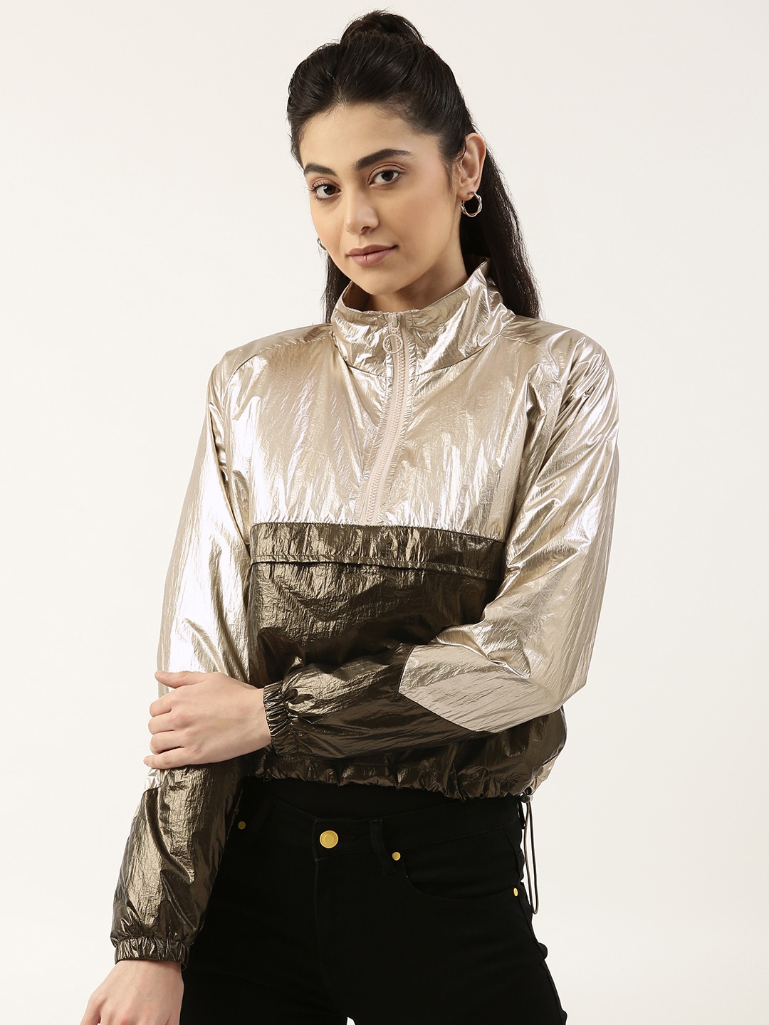 

FOREVER 21 Women Olive Green & Gold-Toned Colourblocked Tailored Jacket