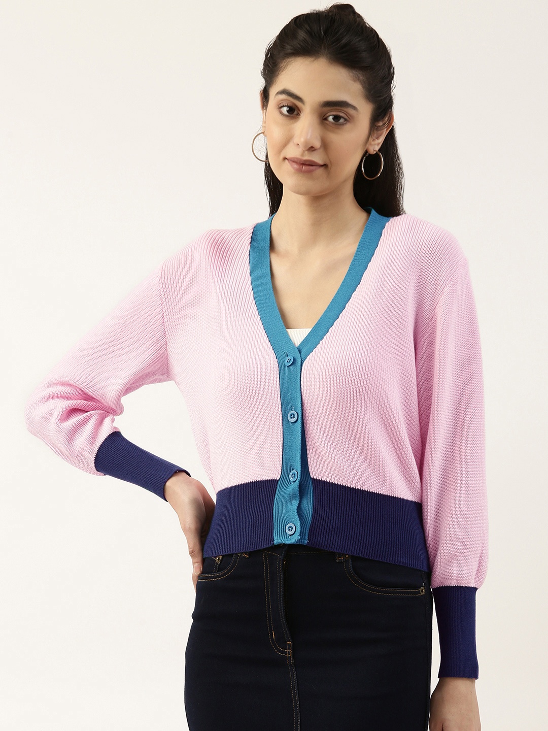 

FOREVER 21 Women Pink & Blue Colourblocked Pure Cotton Cardigan