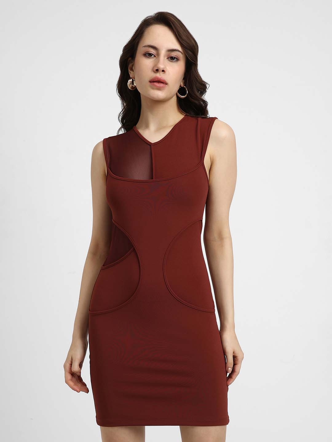 

FOREVER 21 Women Burgundy Solid Sheen V-Neck Bodycon Dress