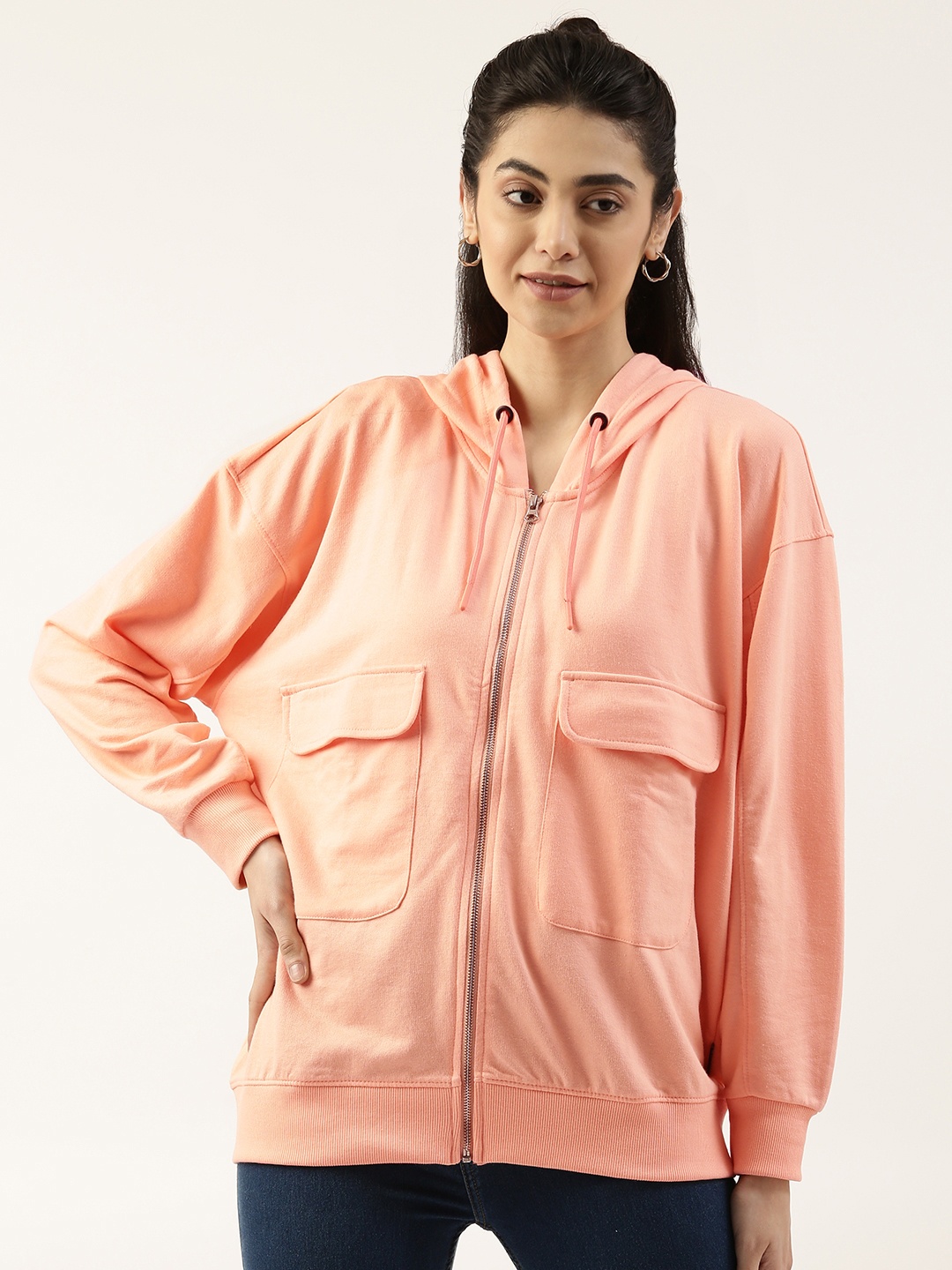 

FOREVER 21 Women Peach-Coloured Hooded Sweatshirt