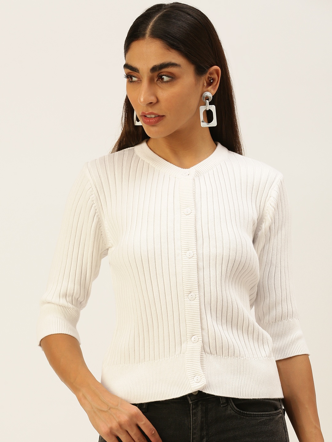 

FOREVER 21 Women White Ribbed Pure Cotton Cardigan