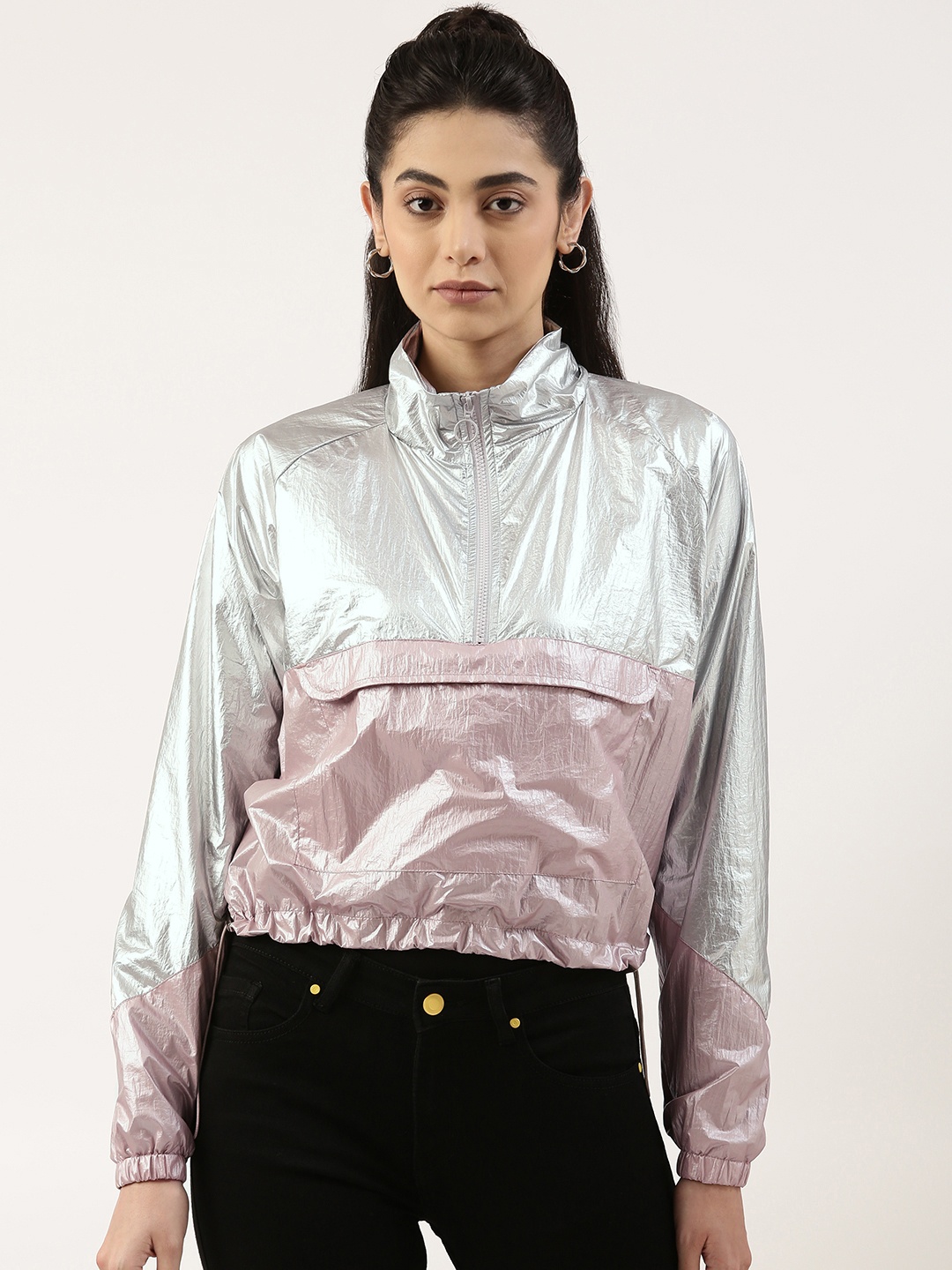 FOREVER 21 Women Silver-Toned & Pink Colourblocked Tailored Jacket