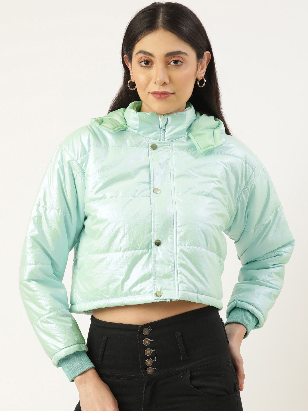 

FOREVER 21 Women Green Crop Padded Jacket