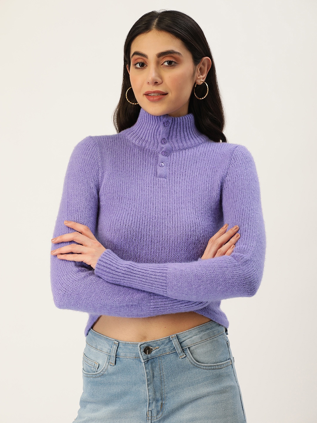 

FOREVER 21 Women Lavender Self-Design Turtle-Neck Crop Pullover Sweater