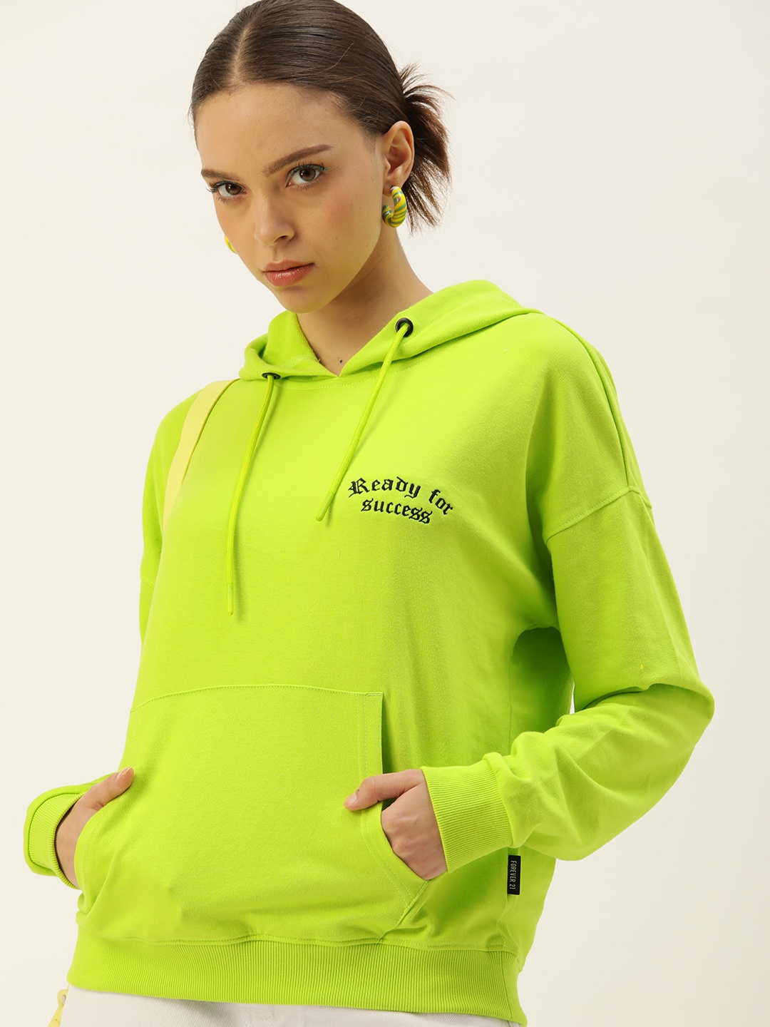 

FOREVER 21 Women Solid Hooded Sweatshirt, Lime green