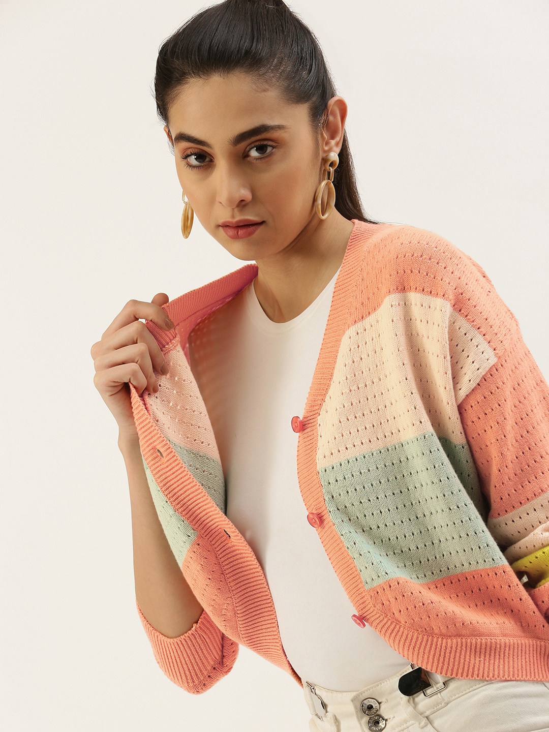 

FOREVER 21 Women Colourblocked Cardigan, Beige