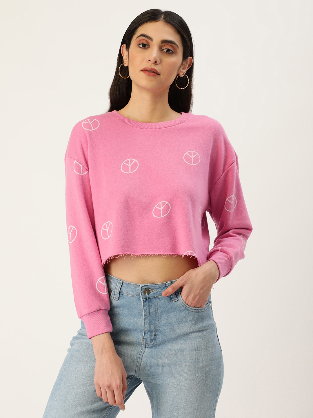 

FOREVER 21 Women Pink Geometric Printed Cropped Round neck Sweatshirt