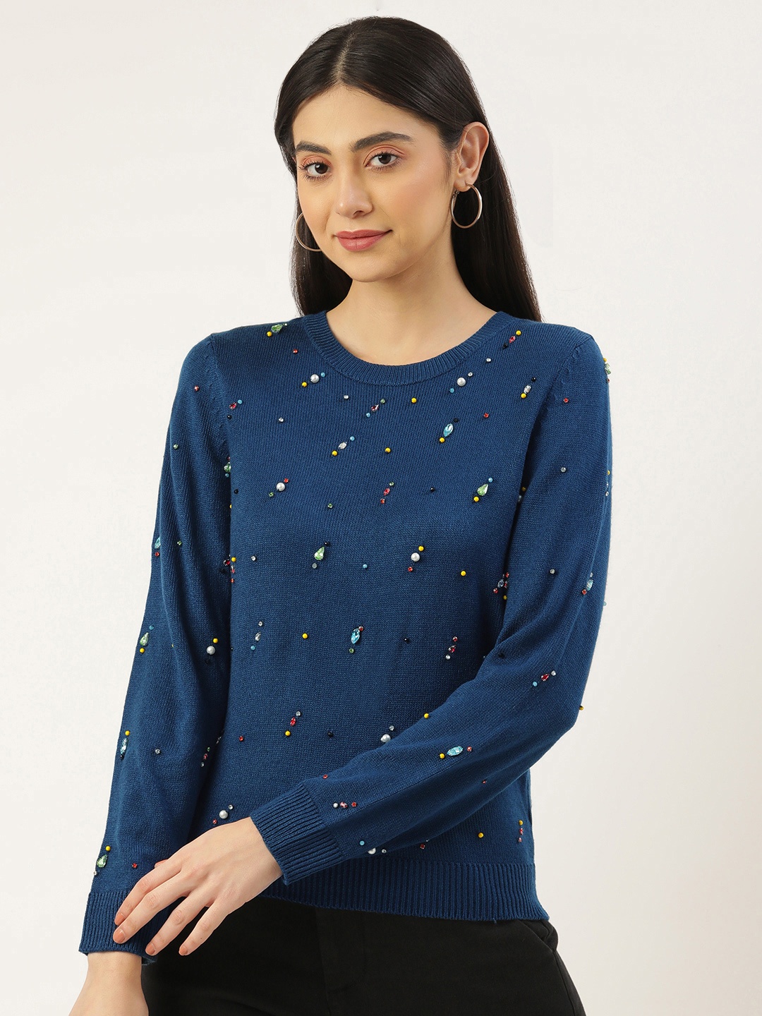 

FOREVER 21 Women Navy Blue Embellished Pullover