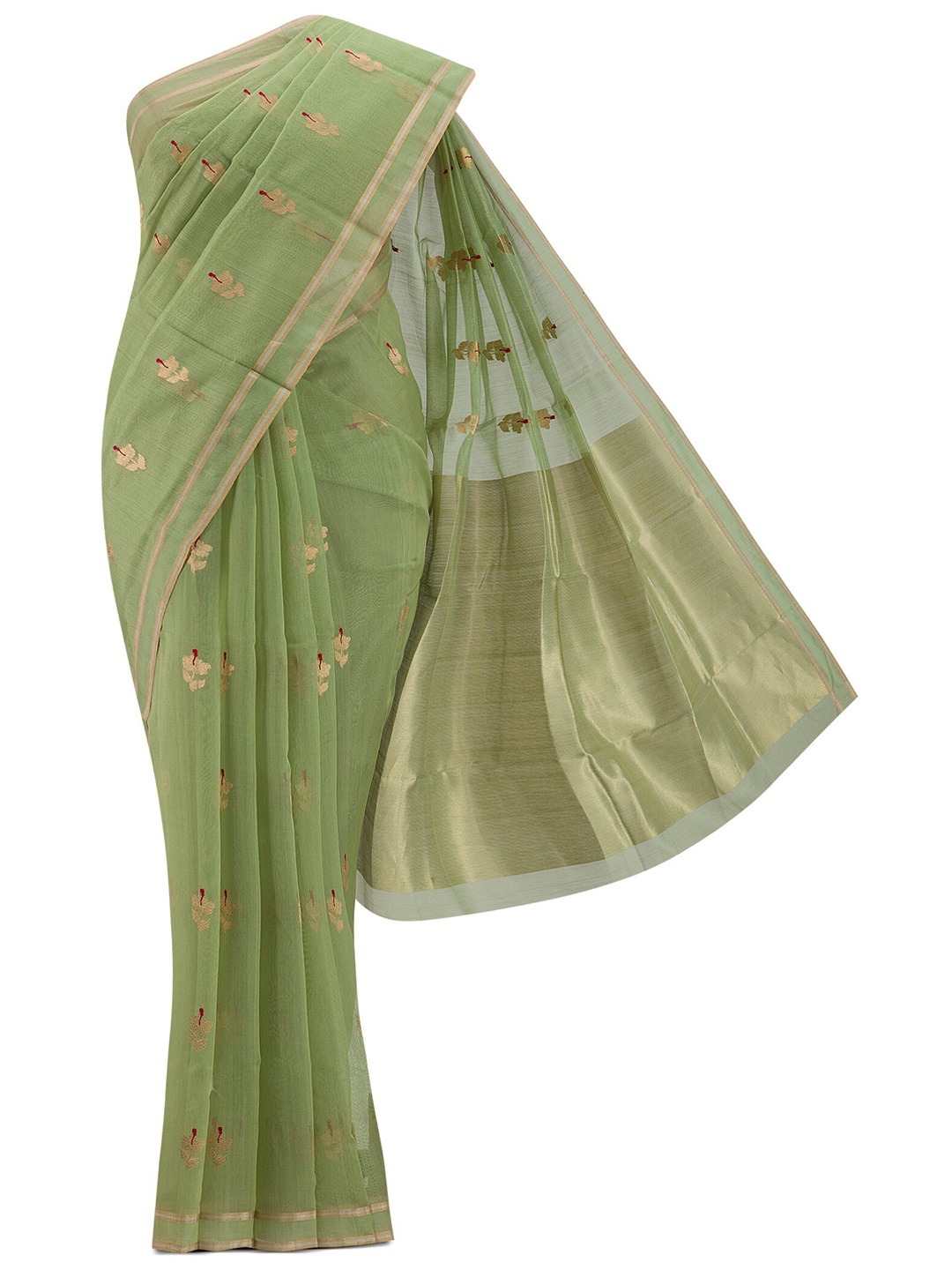 

Nalli Next Green & Gold-Toned Woven Design Zari Silk Cotton Chanderi Saree