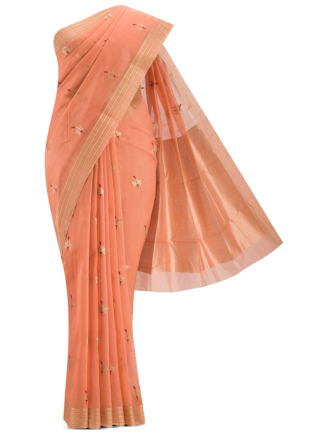 

Nalli Next Peach-Coloured & Cream-Coloured Woven Design Zari Silk Cotton Chanderi Saree