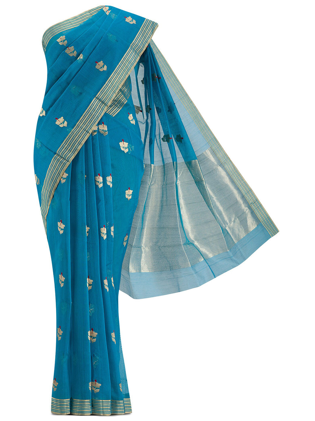 

Nalli Next Blue & Gold-Toned Floral Zari Silk Cotton Chanderi Saree