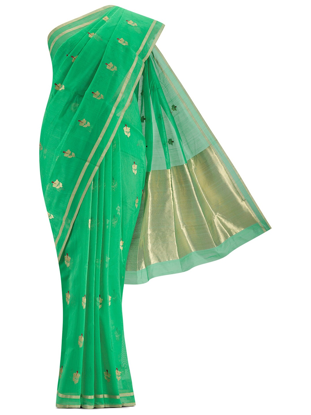 

Nalli Next Green & Gold-Toned Woven Design Zari Silk Cotton Chanderi Saree