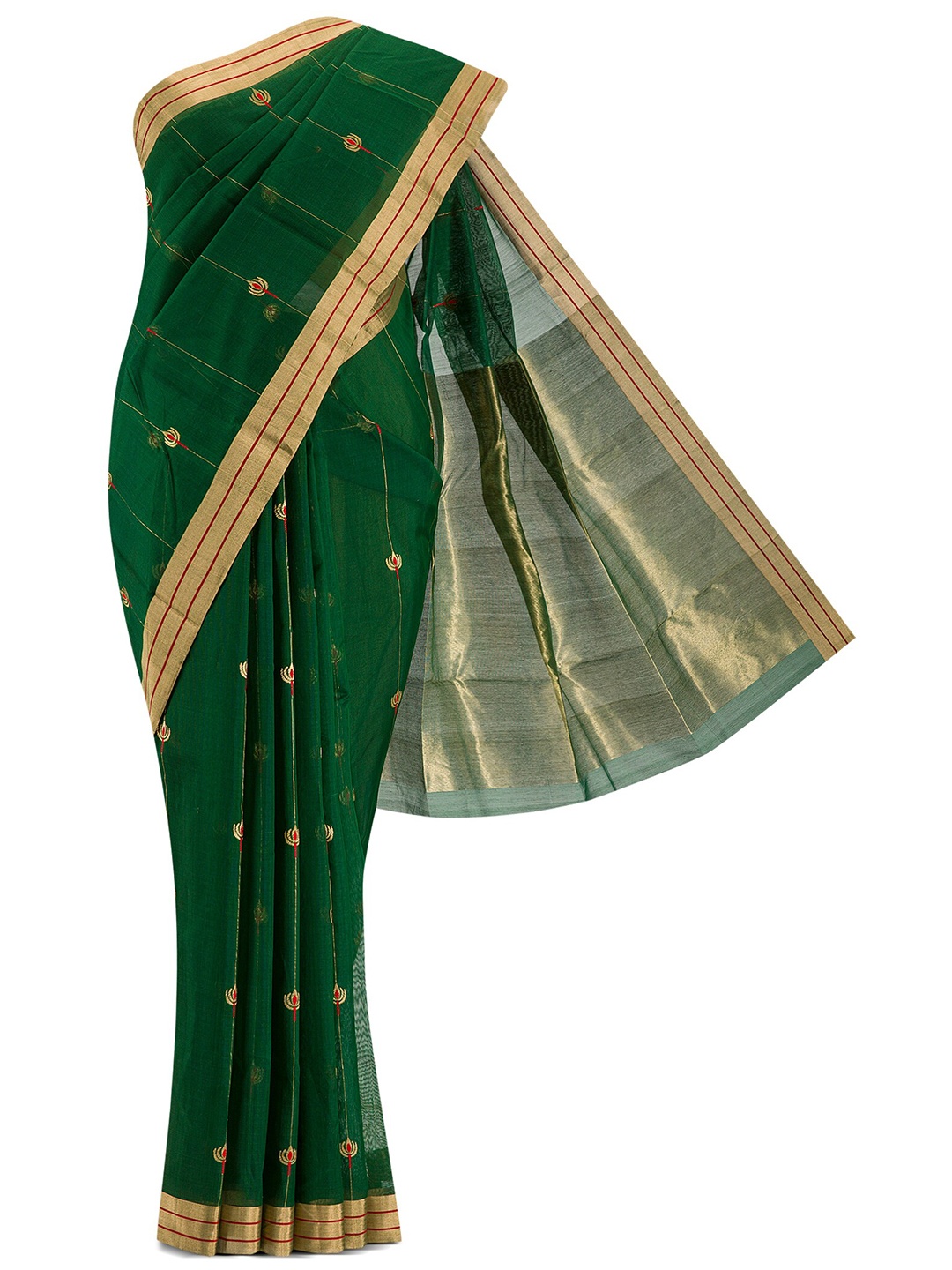 

Nalli Next Green & Gold-Toned Woven Design Zari Silk Cotton Chanderi Saree