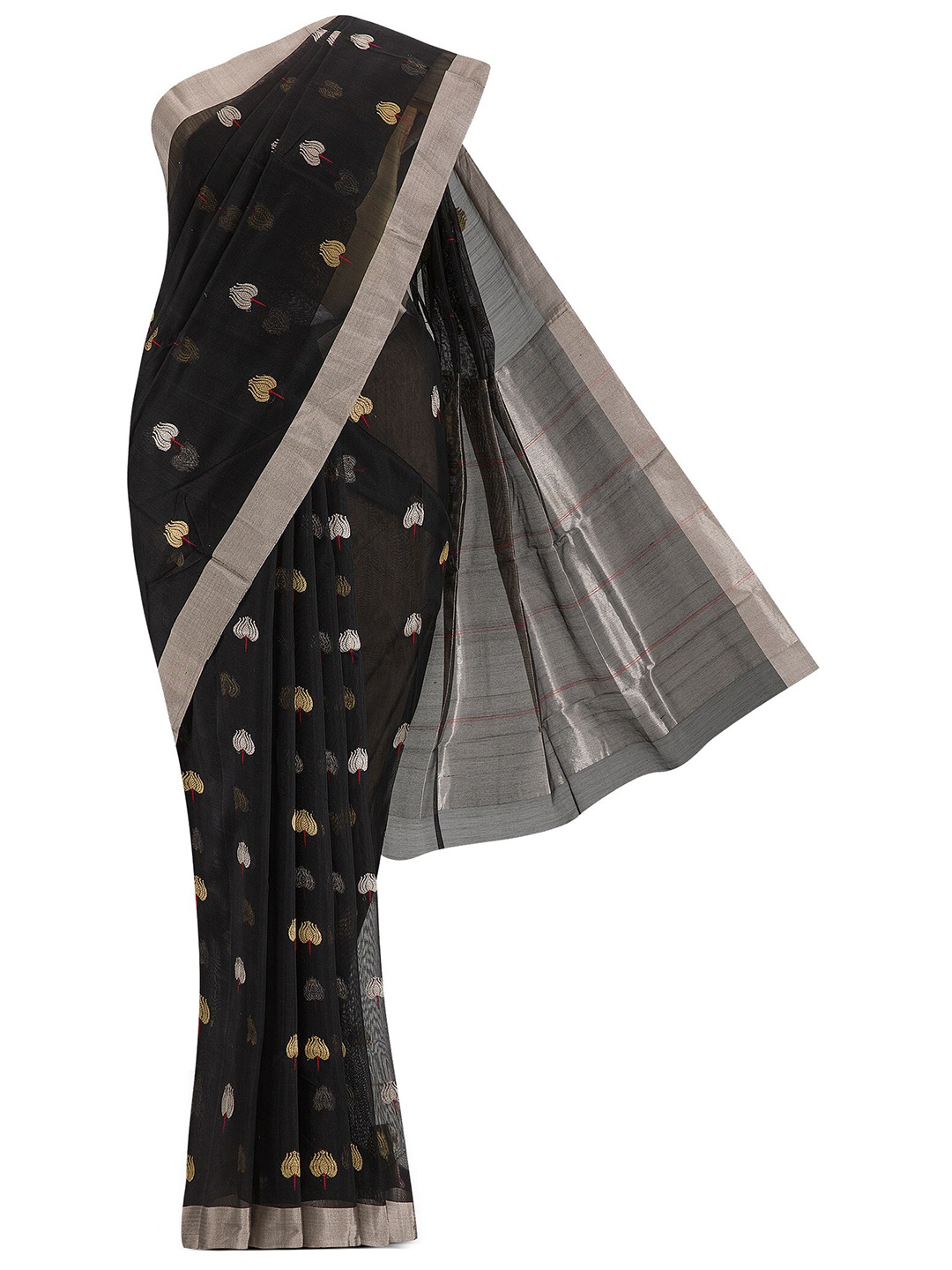 

Nalli Next Black & Silver-Toned Woven Design Zari Silk Cotton Chanderi Saree