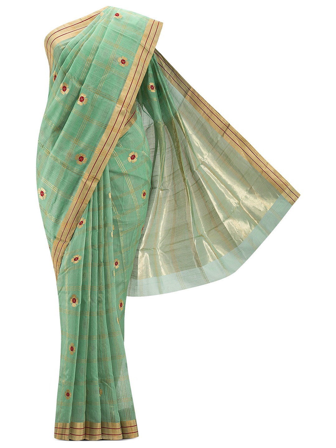 

Nalli Next Green & Red Woven Design Zari Silk Cotton Chanderi Saree