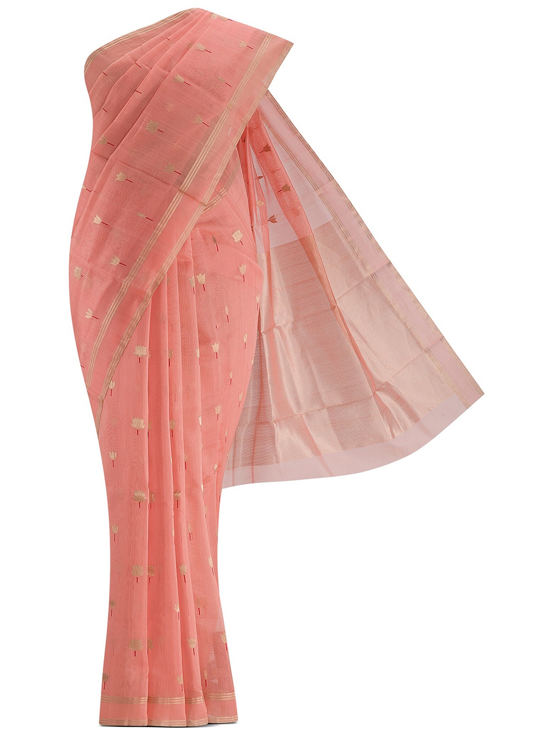 

Nalli Next Peach & Gold Woven Design Zari Silk Cotton Chanderi Saree