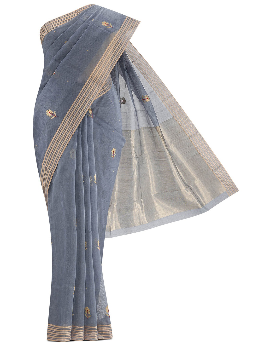 

Nalli Next Grey & Gold-Toned Woven Design Zari Silk Cotton Chanderi Saree