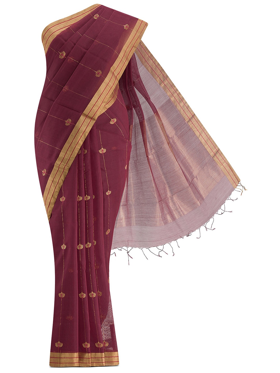 

Nalli Next Maroon & Gold-Toned Woven Design Zari Silk Cotton Chanderi Saree