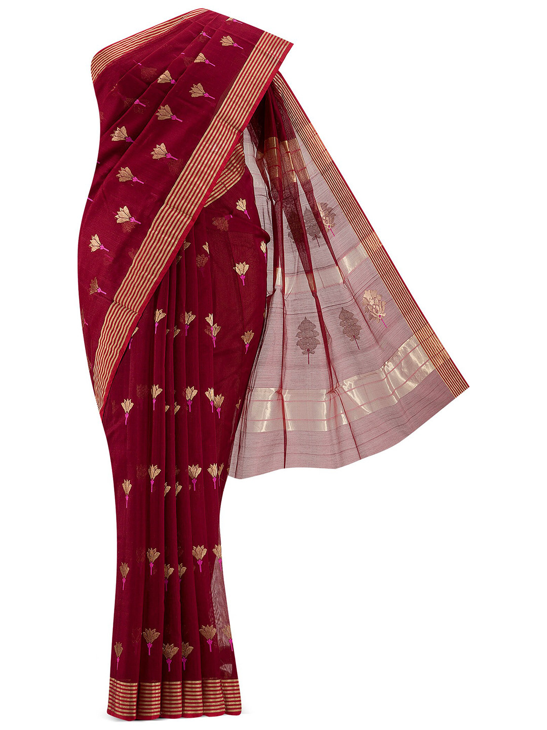 

Nalli Next Maroon & Gold-Toned Woven Design Silk Cotton Chanderi Saree