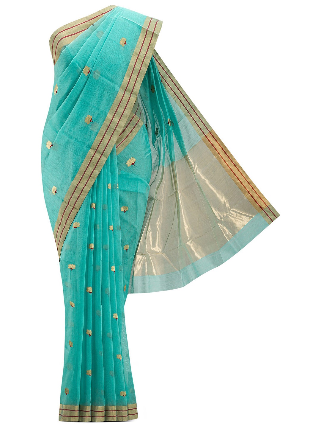 

Nalli Next Teal & Red Woven Design Zari Silk Cotton Chanderi Saree