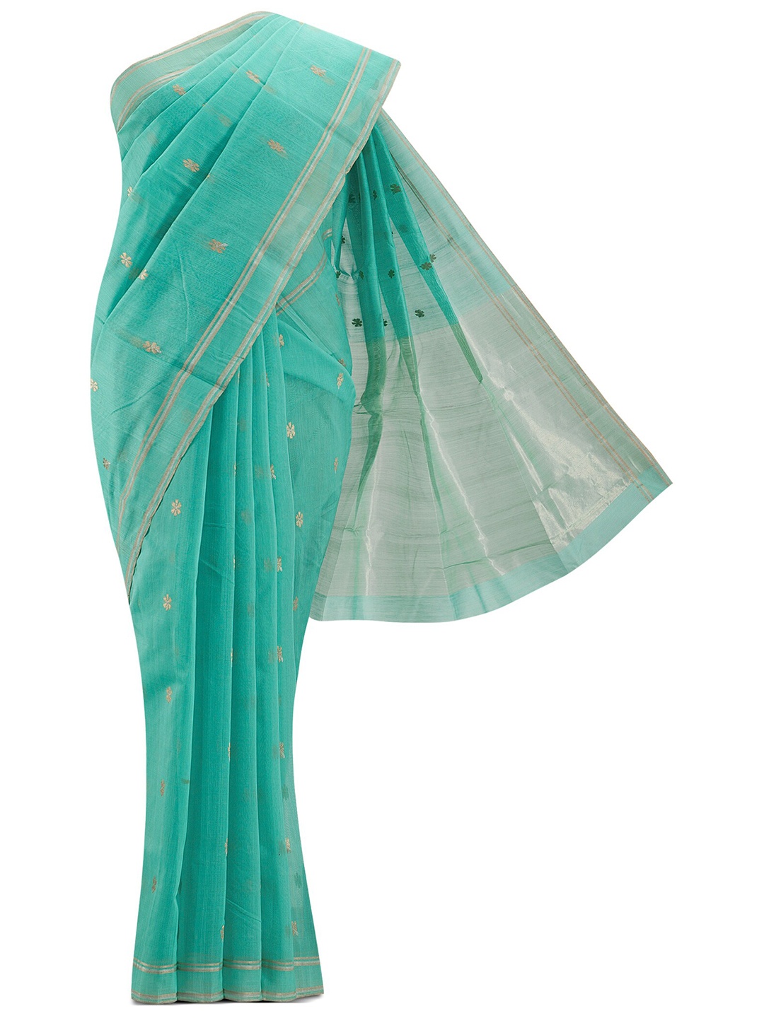 

Nalli Next Teal & Gold-Toned Woven Design Zari Silk Cotton Chanderi Saree