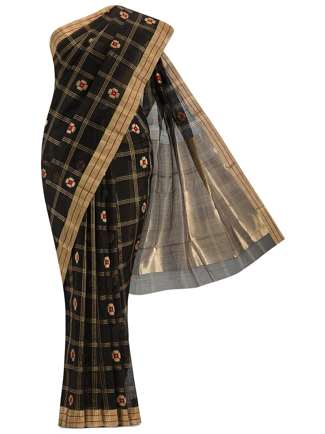 

Nalli Next Black & Gold-Toned Woven Design Zari Silk Cotton Chanderi Saree