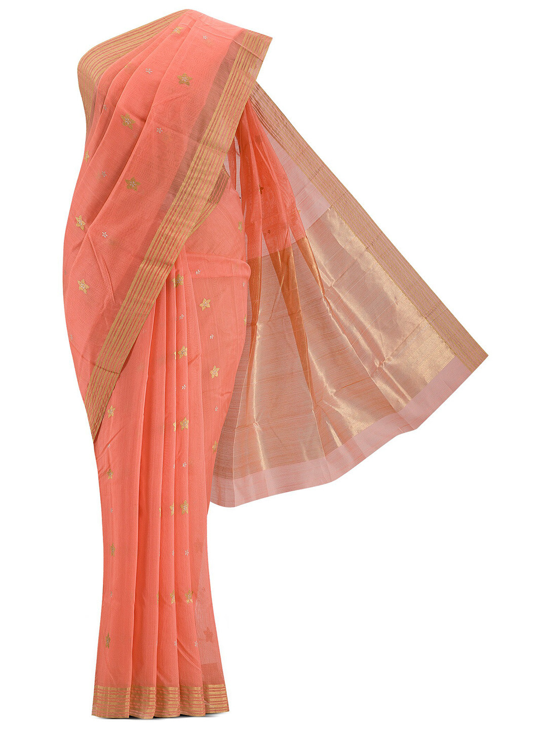 

Nalli Next Peach-Coloured & Gold-Toned Woven Design Zari Silk Cotton Chanderi Saree