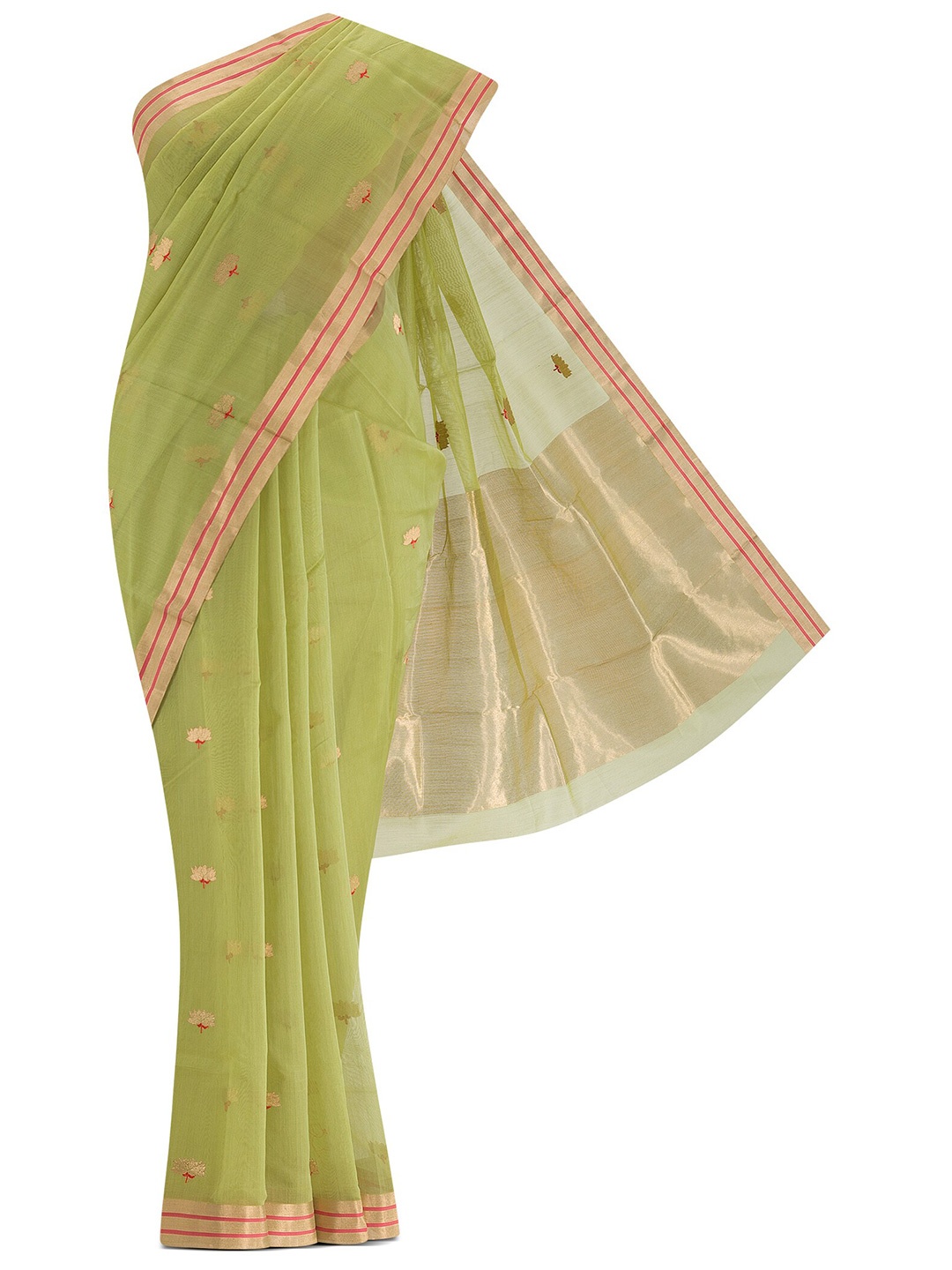 

Nalli Next Green & Red Woven Design Zari Silk Cotton Chanderi Saree