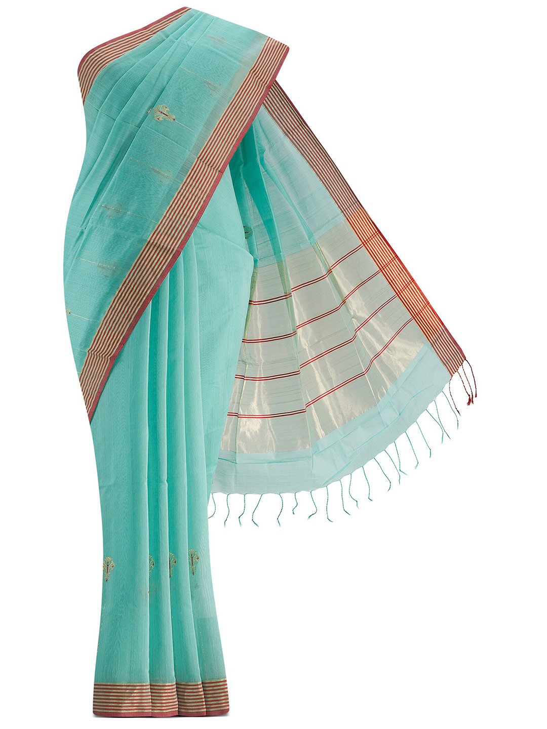 

Nalli Next Teal & Red Woven Design Zari Silk Cotton Chanderi Saree