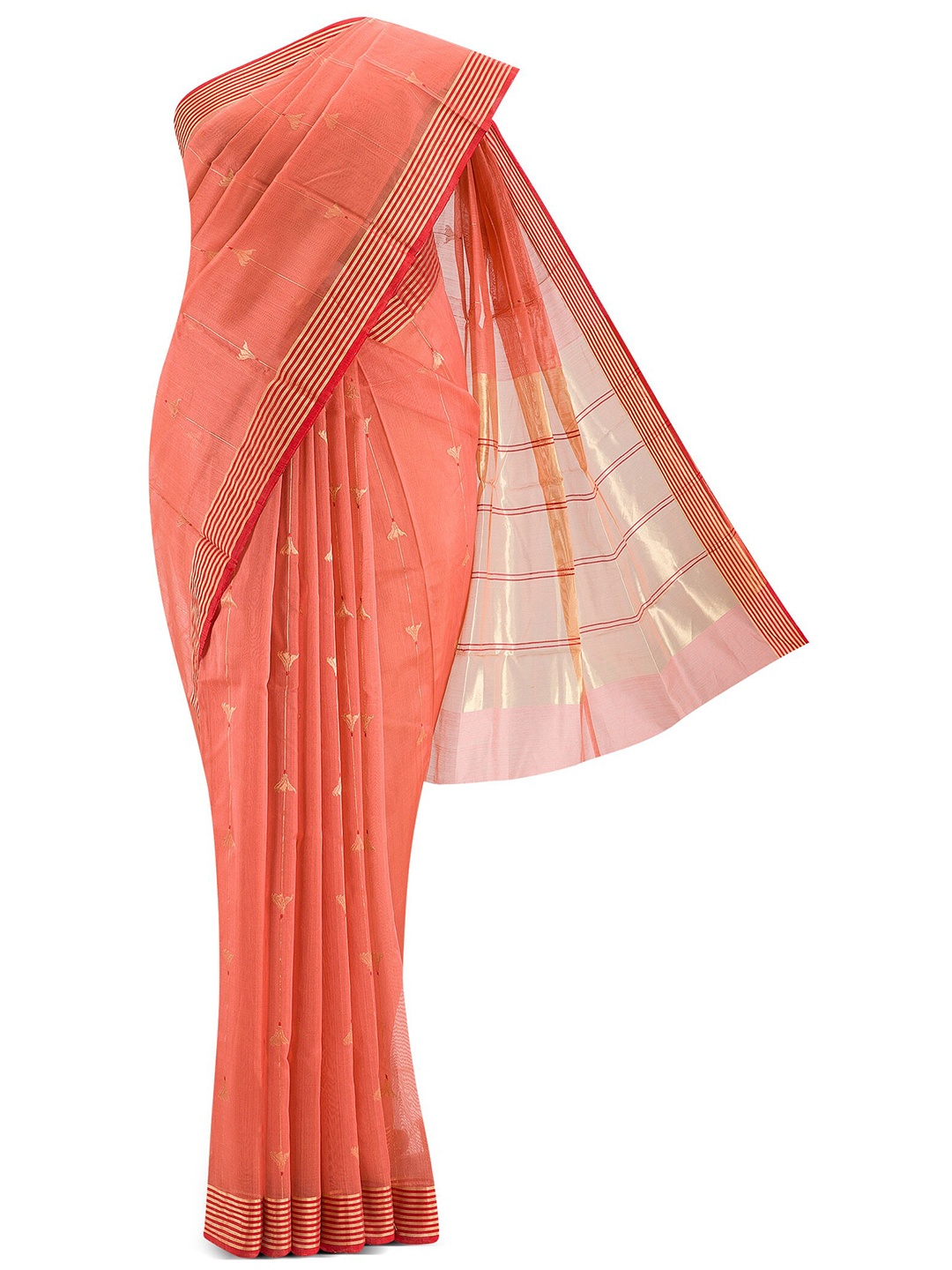 

Nalli Next Coral & Gold-Toned Woven Design Zari Silk Cotton Chanderi Saree