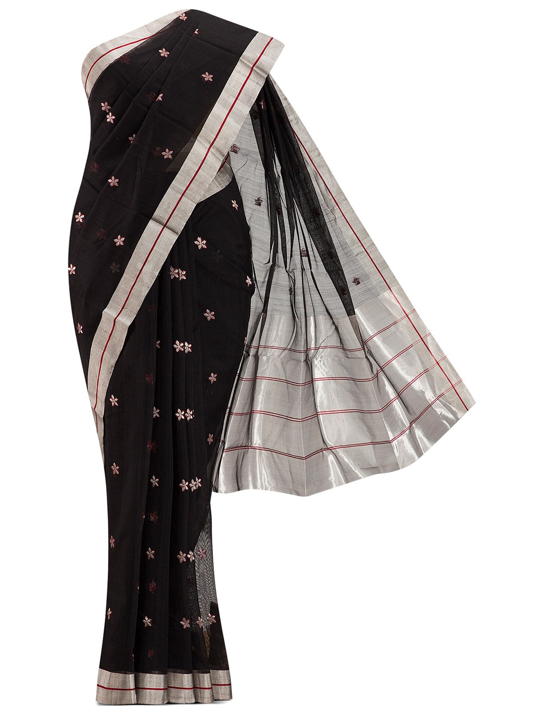 

Nalli Next Black & Silver-Toned Floral Zari Silk Cotton Chanderi Saree