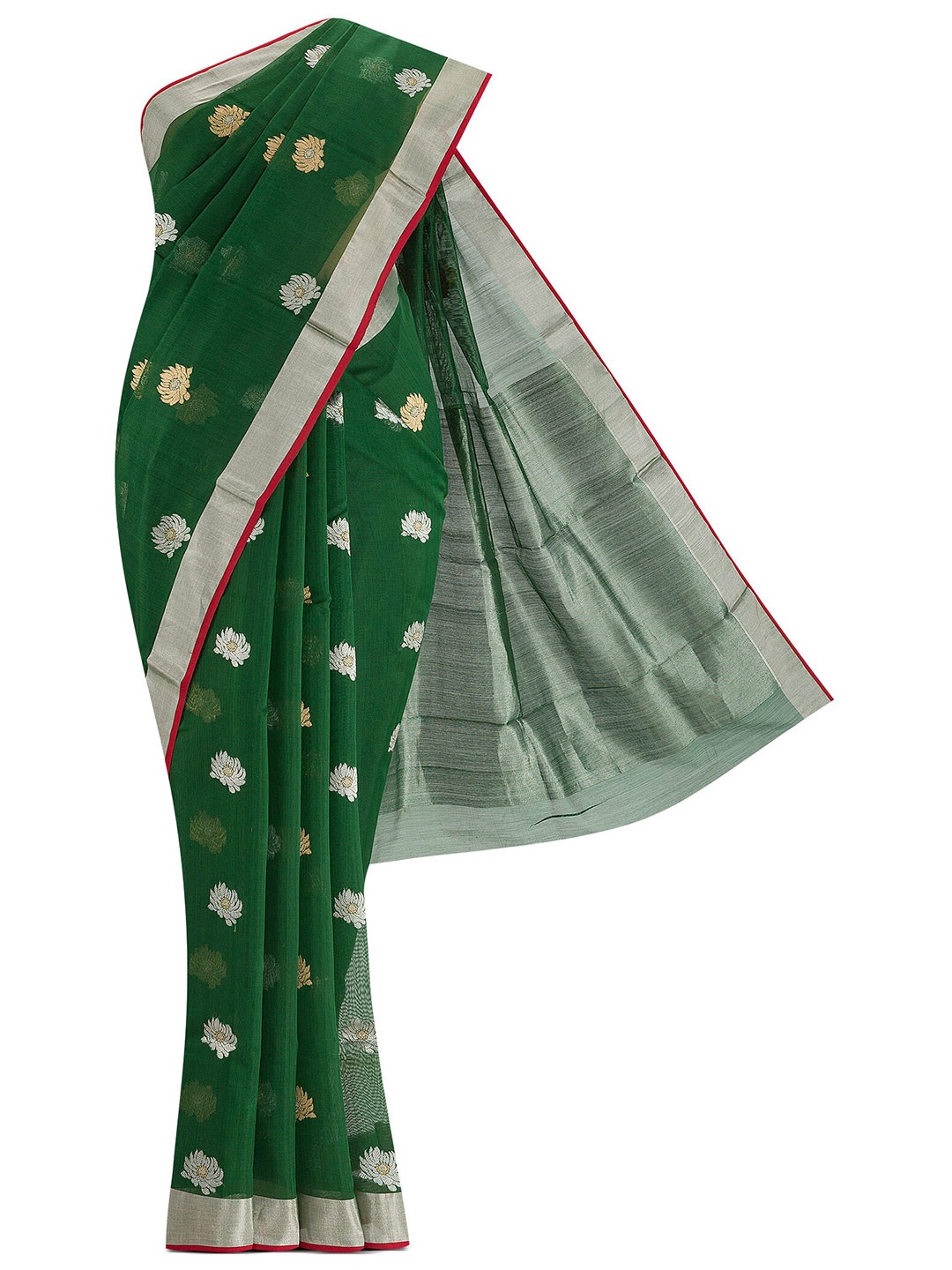 

Nalli Next Green & Silver-Toned Woven Design Zari Silk Cotton Chanderi Saree