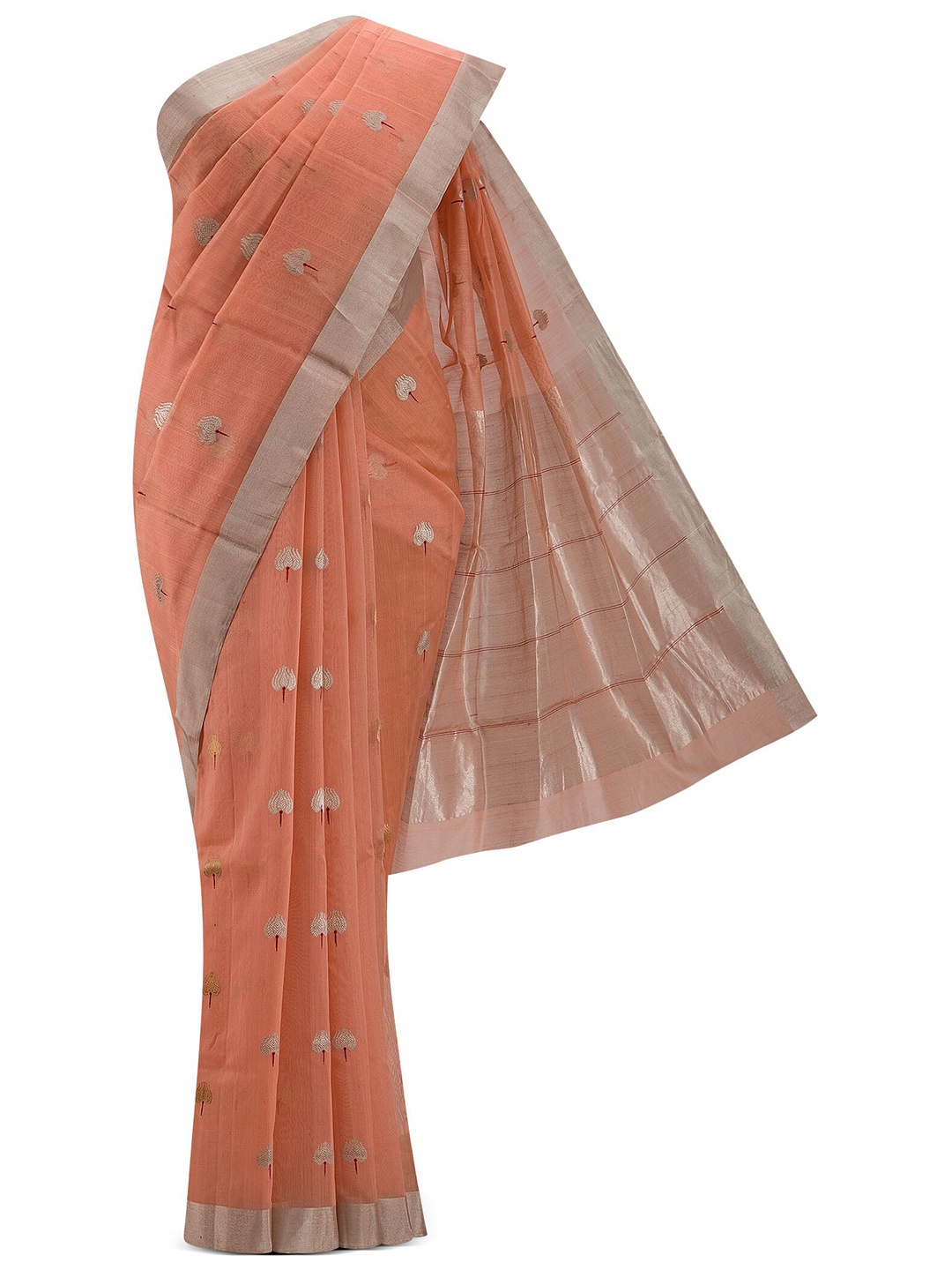 

Nalli Next Peach-Coloured & Gold-Toned Woven Design Zari Silk Cotton Chanderi Saree