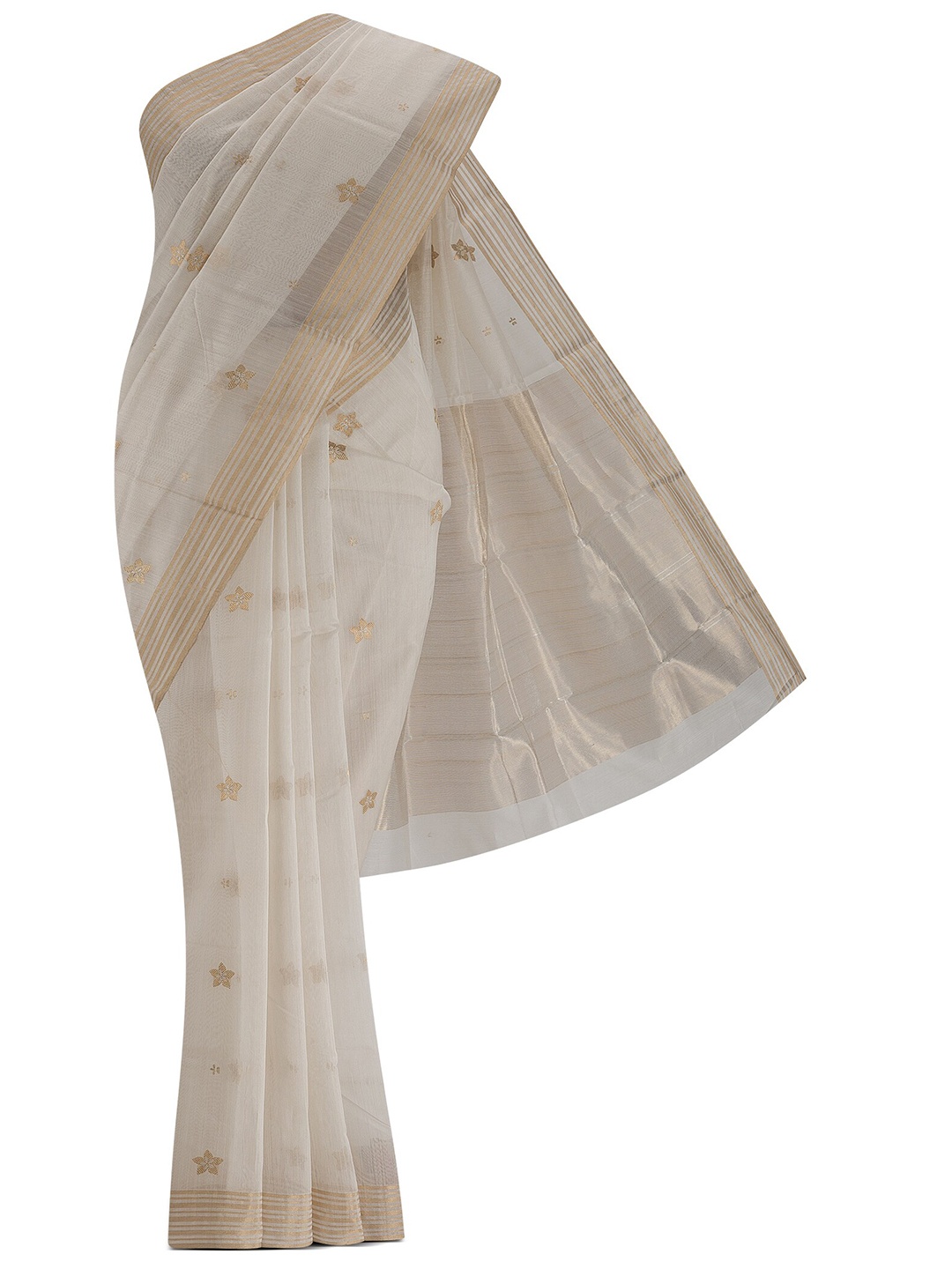 

Nalli Next White & Gold-Toned Woven Design Zari Silk Cotton Chanderi Saree