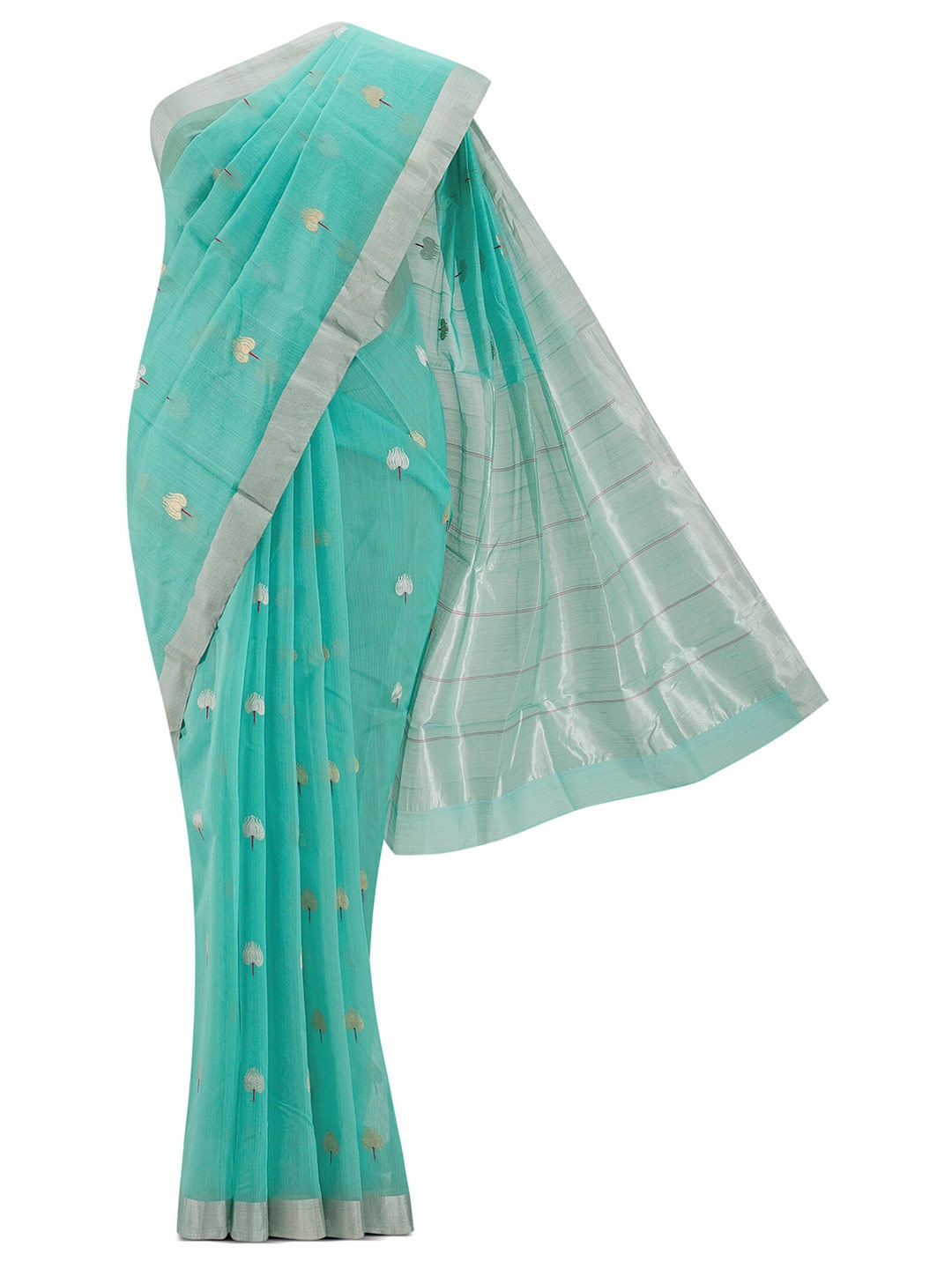 

Nalli Next Turquoise Blue & Silver-Toned Floral Zari Silk Cotton Chanderi Saree