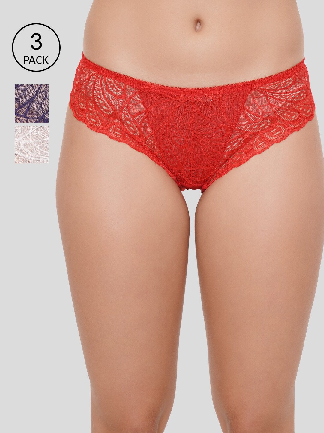 

Amour Secret Women Pack Of 3 Floral Printed Lace Bikini Briefs, Red