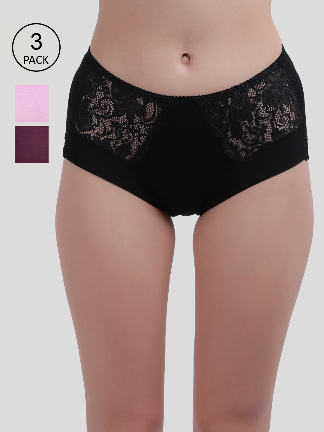 

Amour Secret Women Pack Of 3 Purple & Black Self Design Bikini Briefs