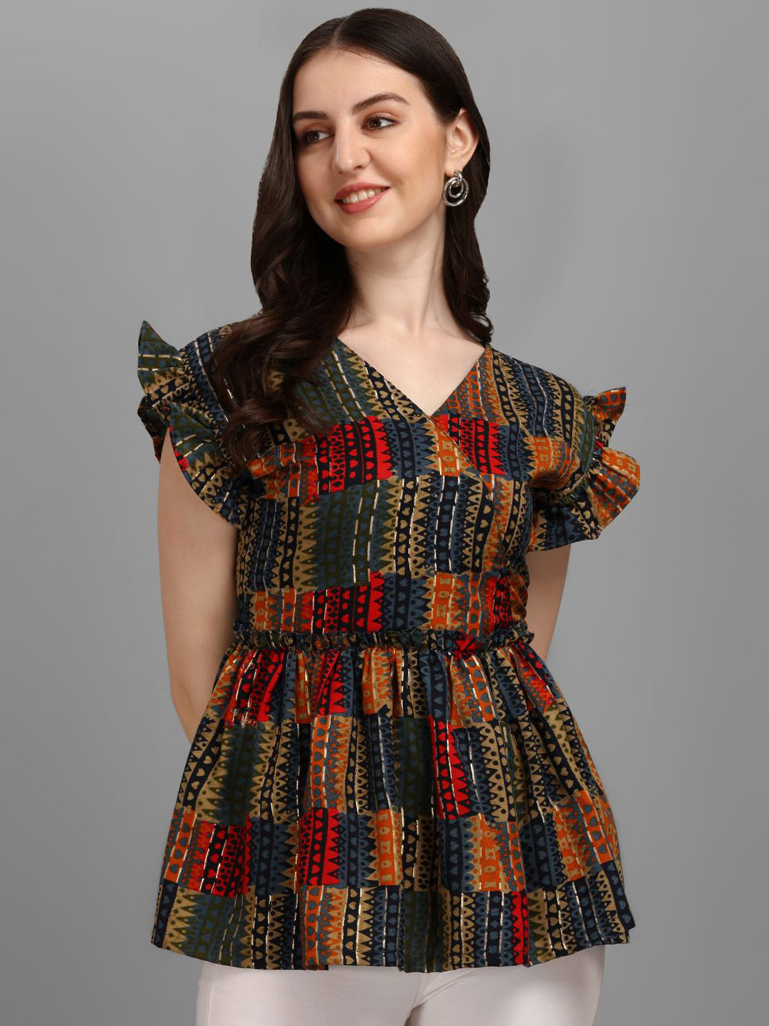 

GUFRINA Blue & Red Geometric Printed Cinched Waist Top