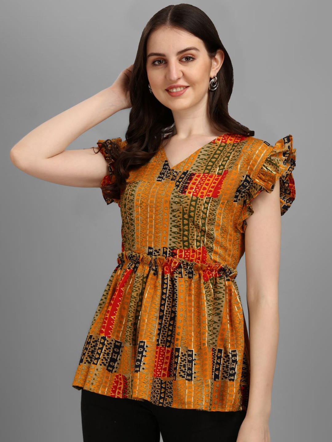 

GUFRINA Mustard Yellow Print Cinched Waist Top