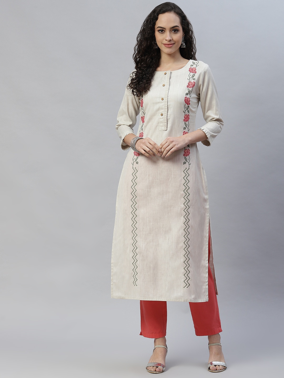 

LAAKHI Women Cream-Coloured & Peach-Coloured Floral Printed Kurta