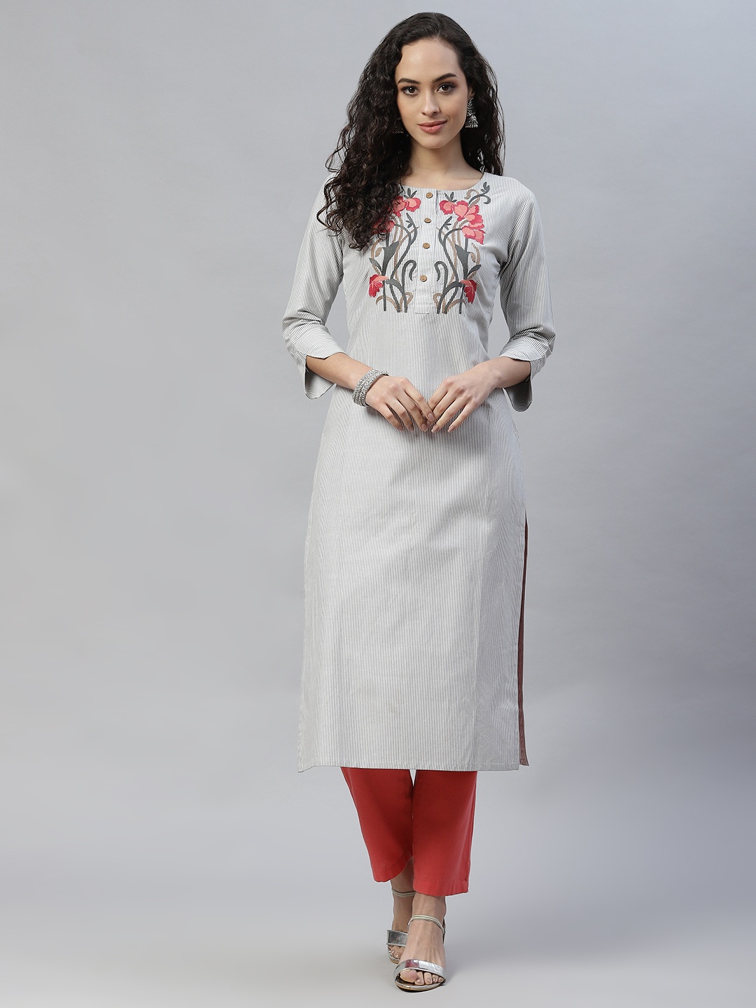 

LAAKHI Women Grey & Red Striped Kurta