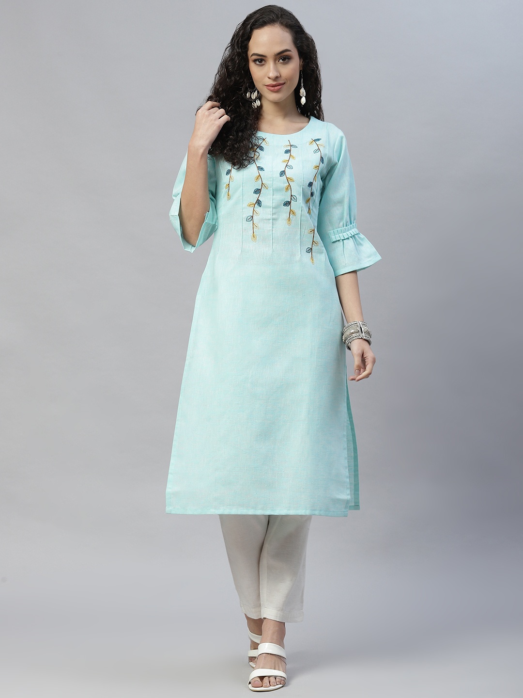 

LAAKHI Women Blue & Mustard Yellow Pure Cotton Ethnic Motifs Printed Flared Sleeves Kurta