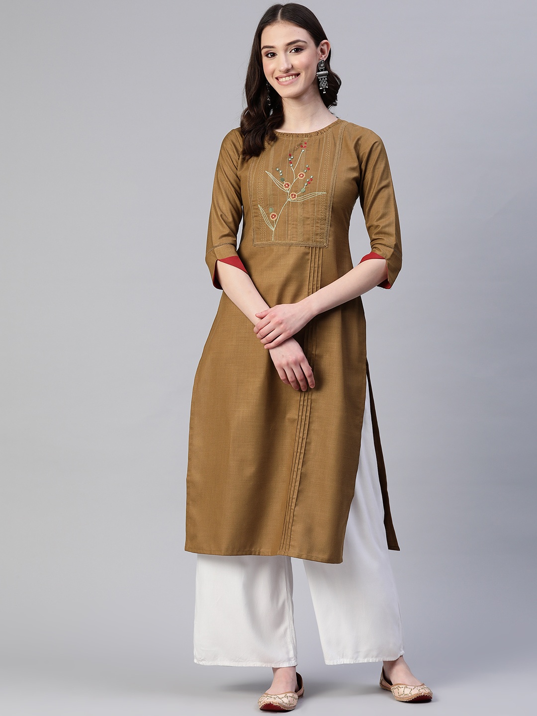 

LAAKHI Floral Embroidered Pure Cotton Kurta, Brown