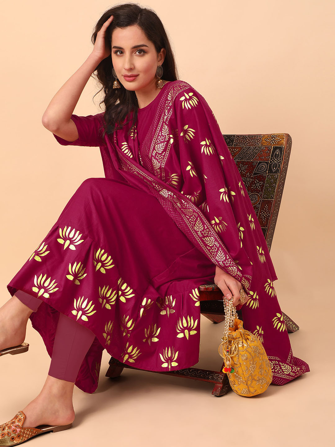 

KALINI Women Maroon Foil Print Anarkali Kurta