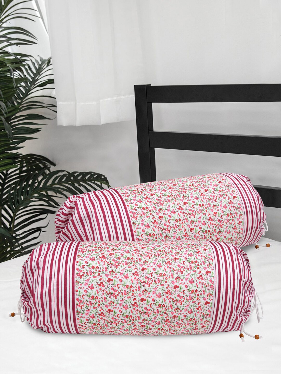

Clasiko Set Of 2 Red Floral Printed Cotton 300TC Bolster Covers